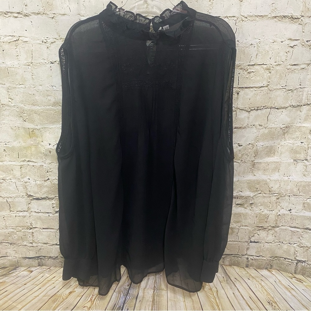 ASOS Black Sheer Floral Embroidered Open Sleeve Top